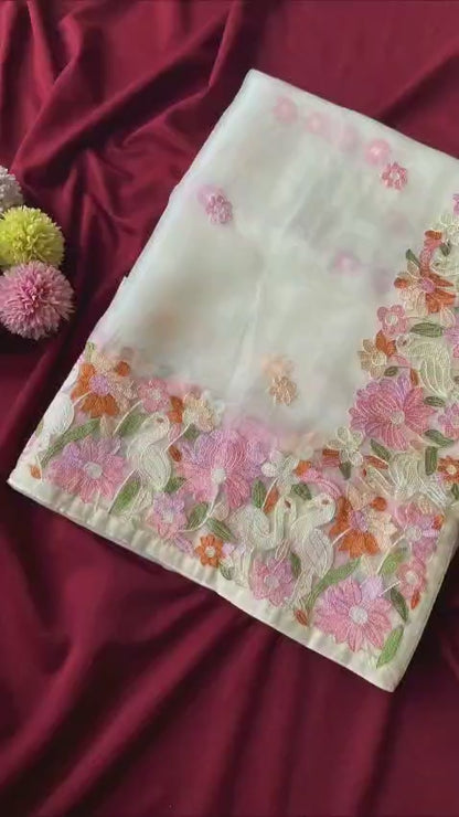 A Premium Chiffon Designer Embroidered Saree with Elegant Motifs