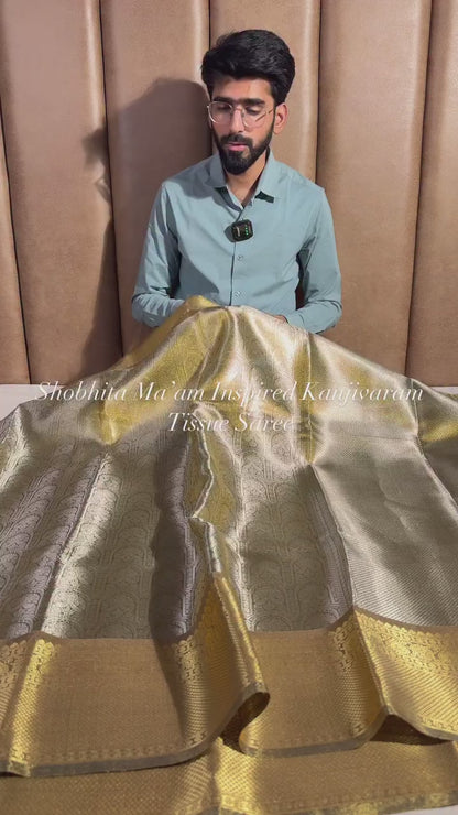 A Actress Shobita-Inspired Banarasi Saree – Elegant Silver-Gold Weave