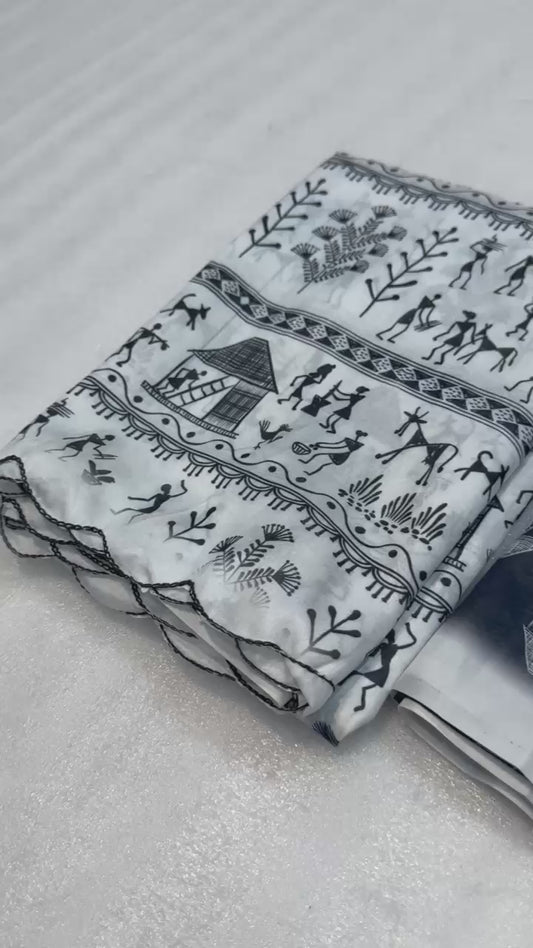 A Dola Silk Digital Warli Printed Cutwork Saree with Ikat Blouse