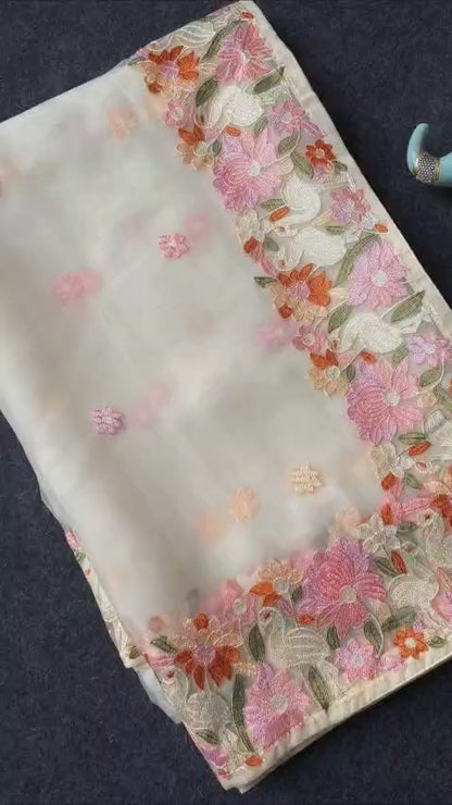 A Premium Chiffon Designer Embroidered Saree with Elegant Motifs