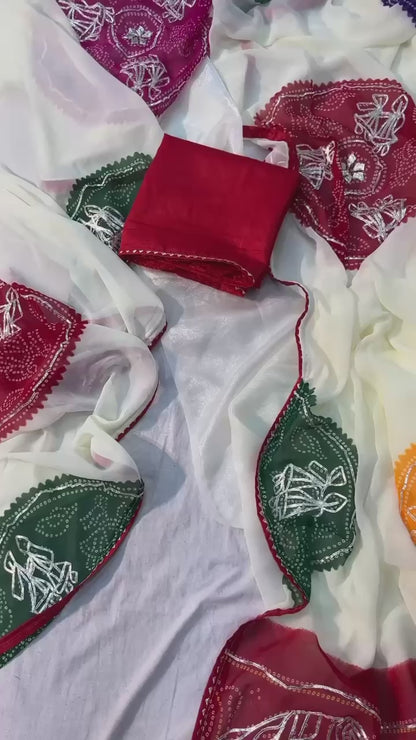 A Premium Soft Moss Chiffon Bandej Saree with Exclusive Gota Patti Work