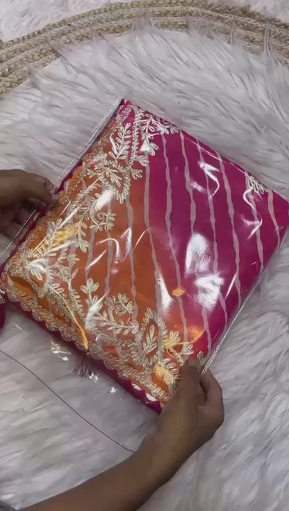 A Chinnon Fabric Digital Leheriya Saree with Ribbon Work