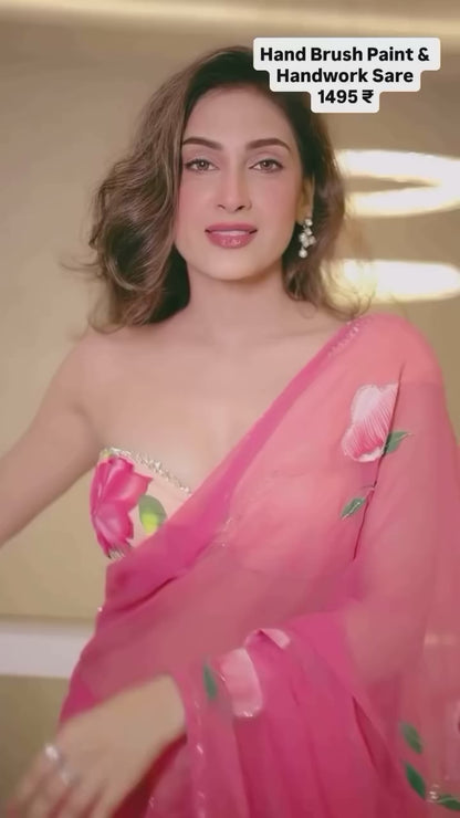 Hand-Brush Painted Saree in Pure Royal Georgette with Designer Blouse – Elegant Wedding & Party Wear Saree